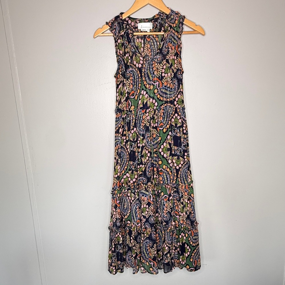 Anthropologie Paisley Metallic Tiered Maxi Dress Size 4 Boho Lined Sleeveless